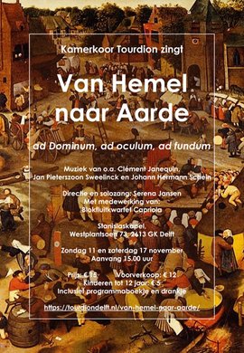 Flyer van de concerten op 11 en 17 november 2018 door Kamerkoor Tourdion en Blokfluitkwartet Capriola